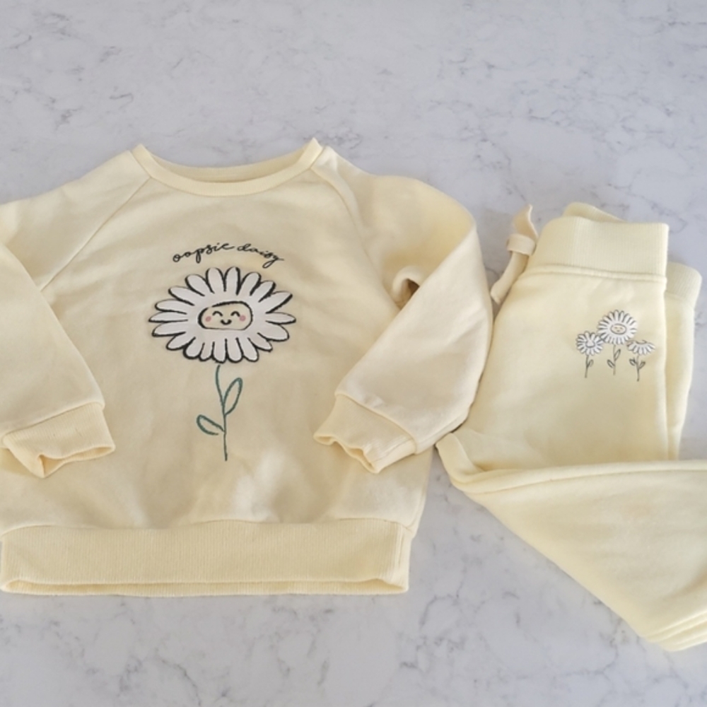 PRIMARK 2 PIECE SWEATSHIRT JOGGER SET. "OOPSIE DAISY" SOFT YELLOW. SIZE 12-18 M